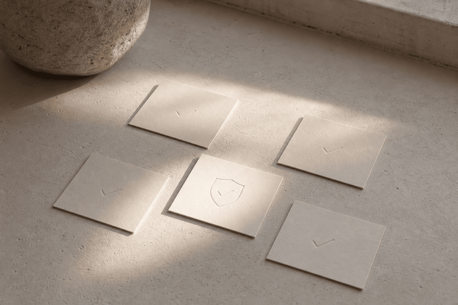 Blank review cards with subtle check impressions for an article about AI design heuristics