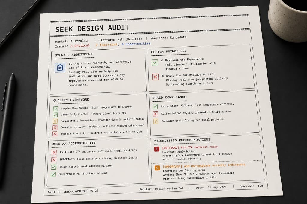 Printed SEEK design audit report from the Design Review Bot showing critical, important, and opportunity findings