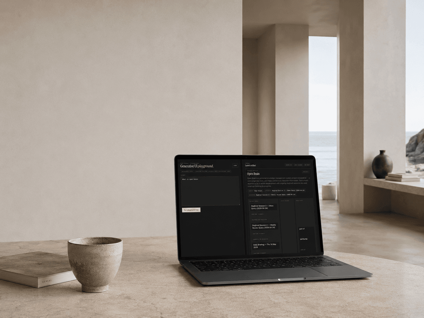 Laptop showing the Generative UI playground with Open Brain artifact