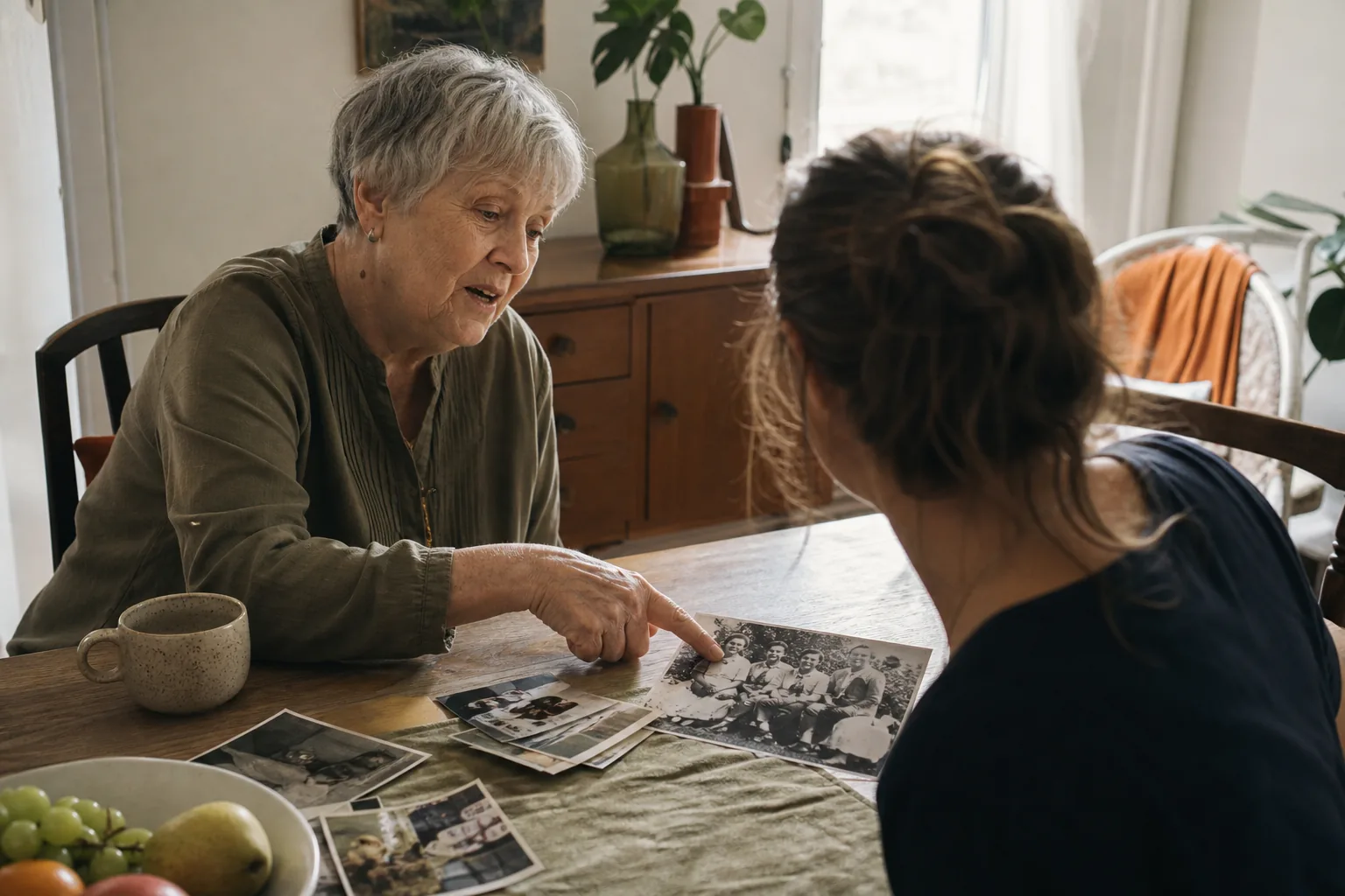 An older woman points to an old photograph on a table while a younger relative listens.