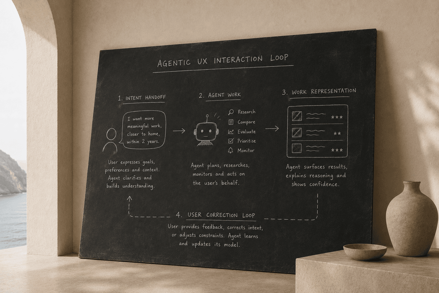 The agentic UX interaction loop: intent handoff, agent work, work representation, and user correction