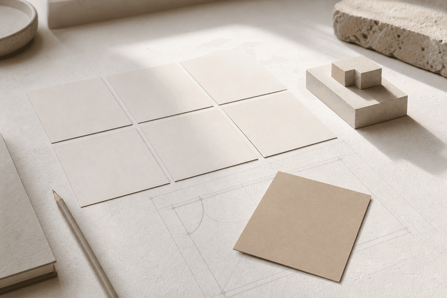 Ordered cards, sketch marks, and a selected decision card for an article about the AI product designer role