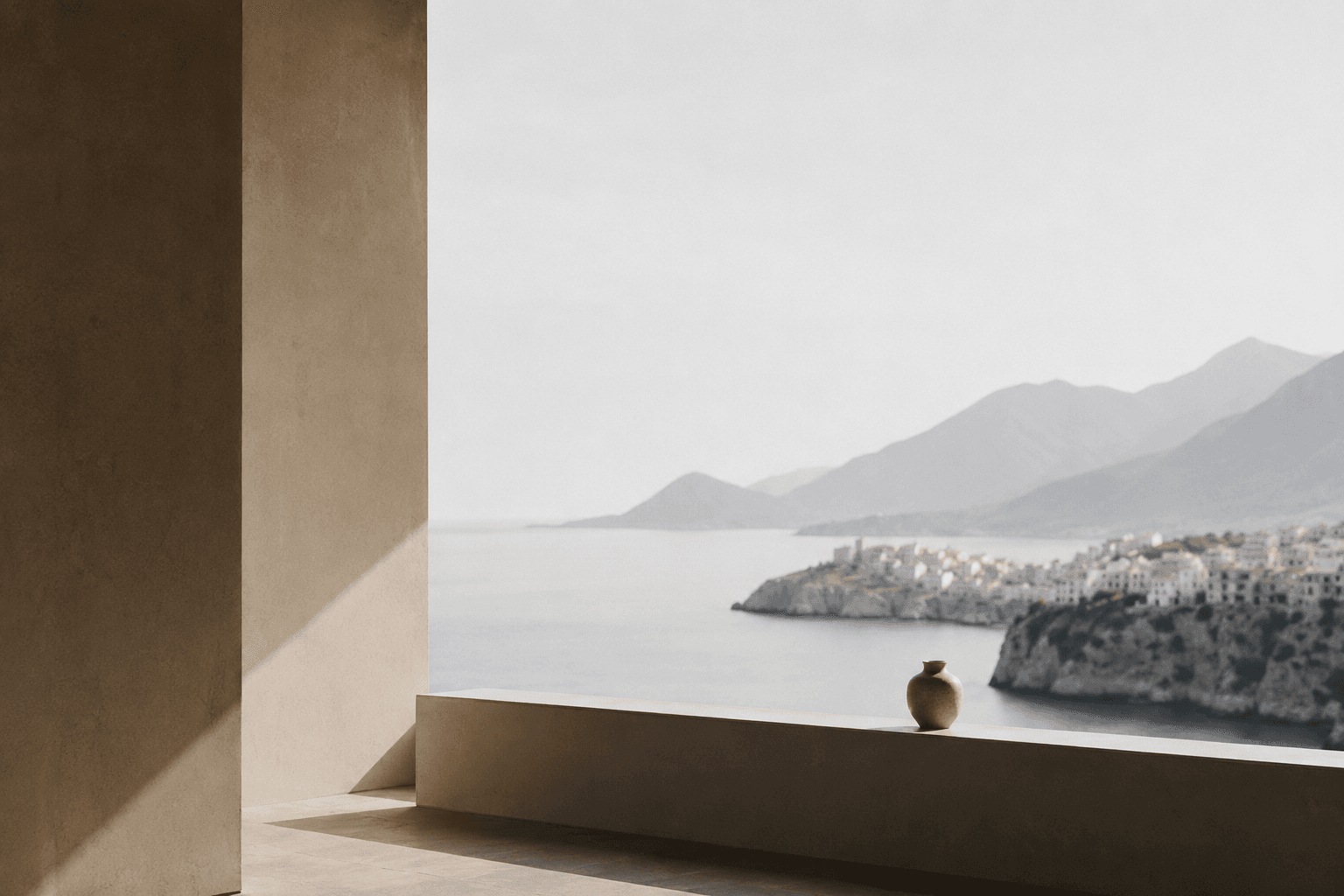 Minimal balcony overlooking calm water and coastal buildings, a calm architectural scene