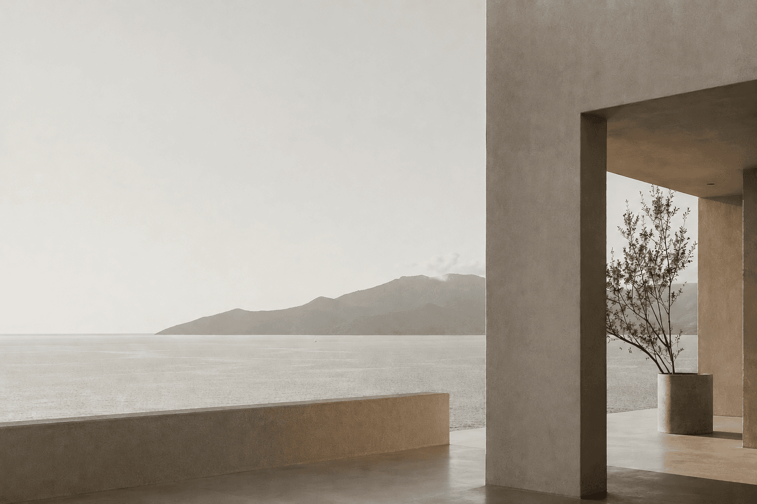 Minimal architecture overlooking the sea, framing layered structure and meaning